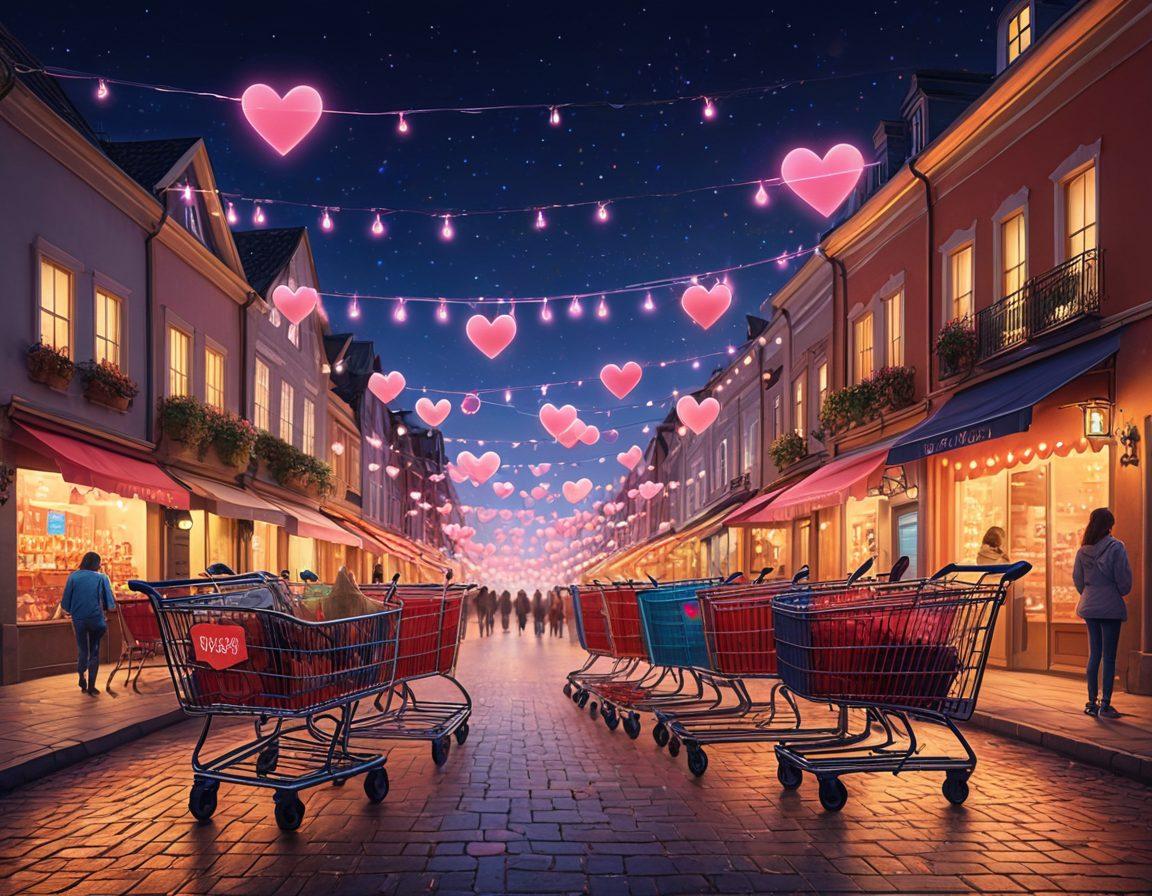 A cozy, digital marketplace filled with heart-shaped icons, shopping carts, and glowing affection tags floating around. Individuals of diverse backgrounds browsing for love through their devices with joyful expressions. The background features a whimsical, dreamlike cityscape representing the online world of romance. Soft glowing lights to create a warm, inviting atmosphere. vibrant colors. super-realistic.