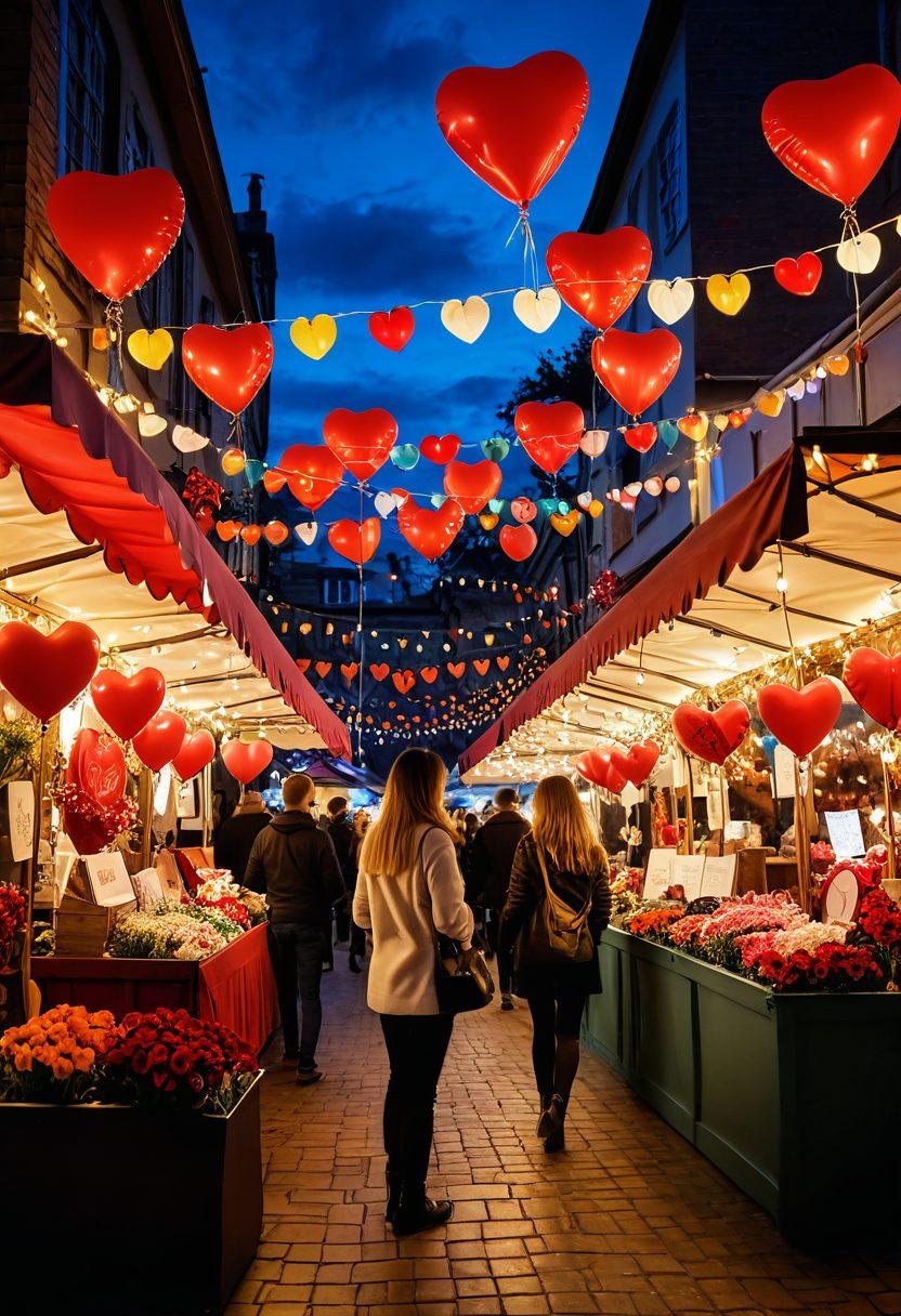 An enchanting marketplace scene filled with vibrant stalls displaying various romantic gifts such as heart-shaped trinkets, colorful flowers, and handmade love letters. A couple is playfully shopping together, surrounded by soft, warm lighting that creates an intimate atmosphere. In the background, fairy lights twinkle above, enhancing the dreamy vibe. The foreground features a beautiful red heart-shaped balloon floating gently. super-realistic. vibrant colors. warm tones.