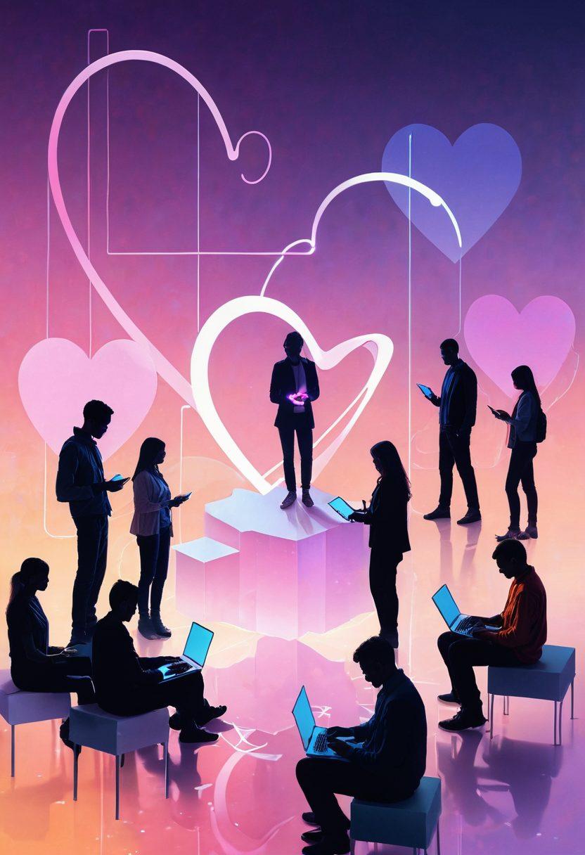 An ethereal scene depicting a digital marketplace where heart-shaped tokens float between people connecting through their devices, symbolizing the transformation from transactions to emotional bonds. Soft, pastel colors create a warm atmosphere, with hints of technology seamlessly blending with human connection. Include silhouettes of diverse individuals reaching out towards each other, surrounded by a backdrop of glowing circuit patterns. digital art. vibrant colors. warm tones.